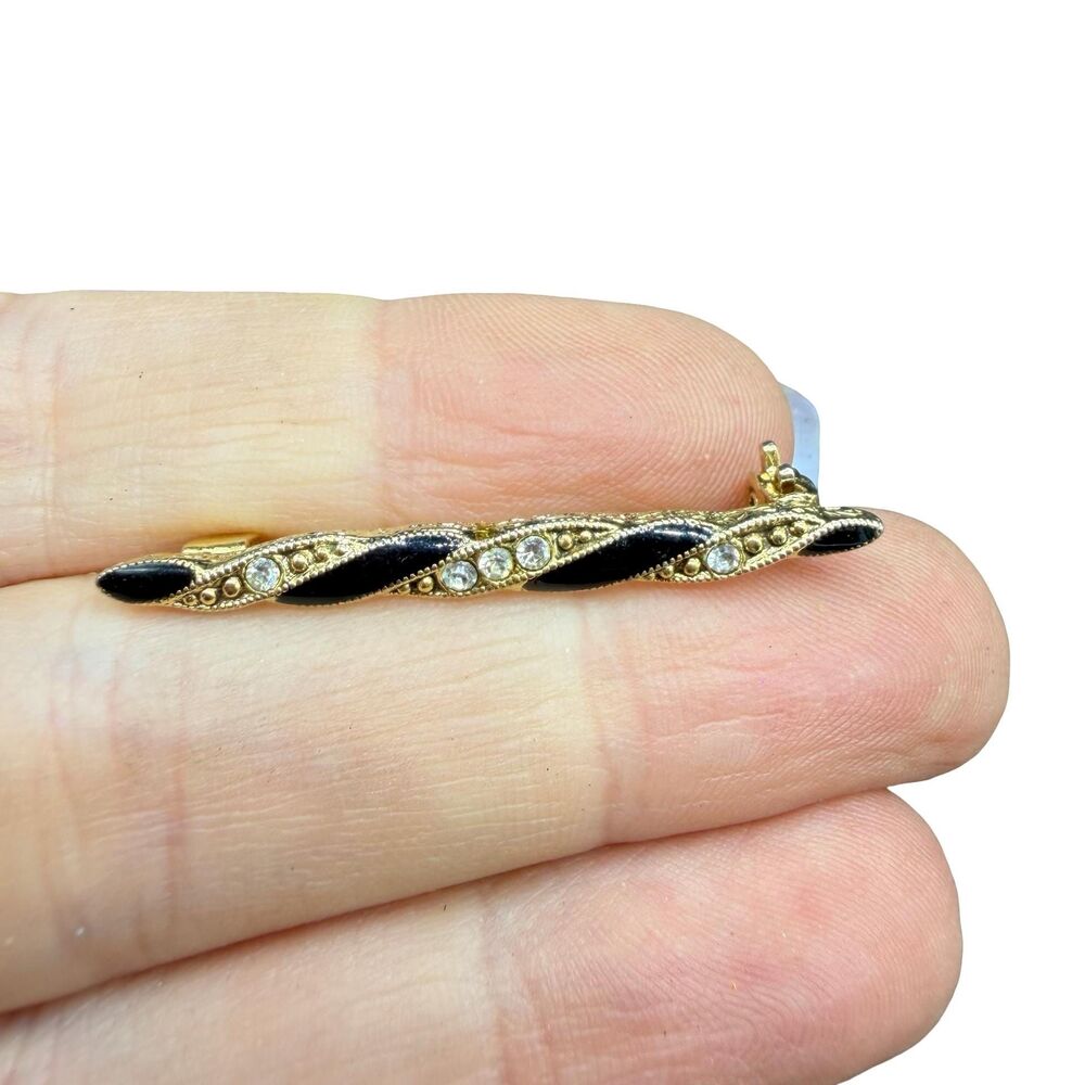 Vintage Jewelry Gold Tone and Black Twisted Bar Pin brooch with rhinestones